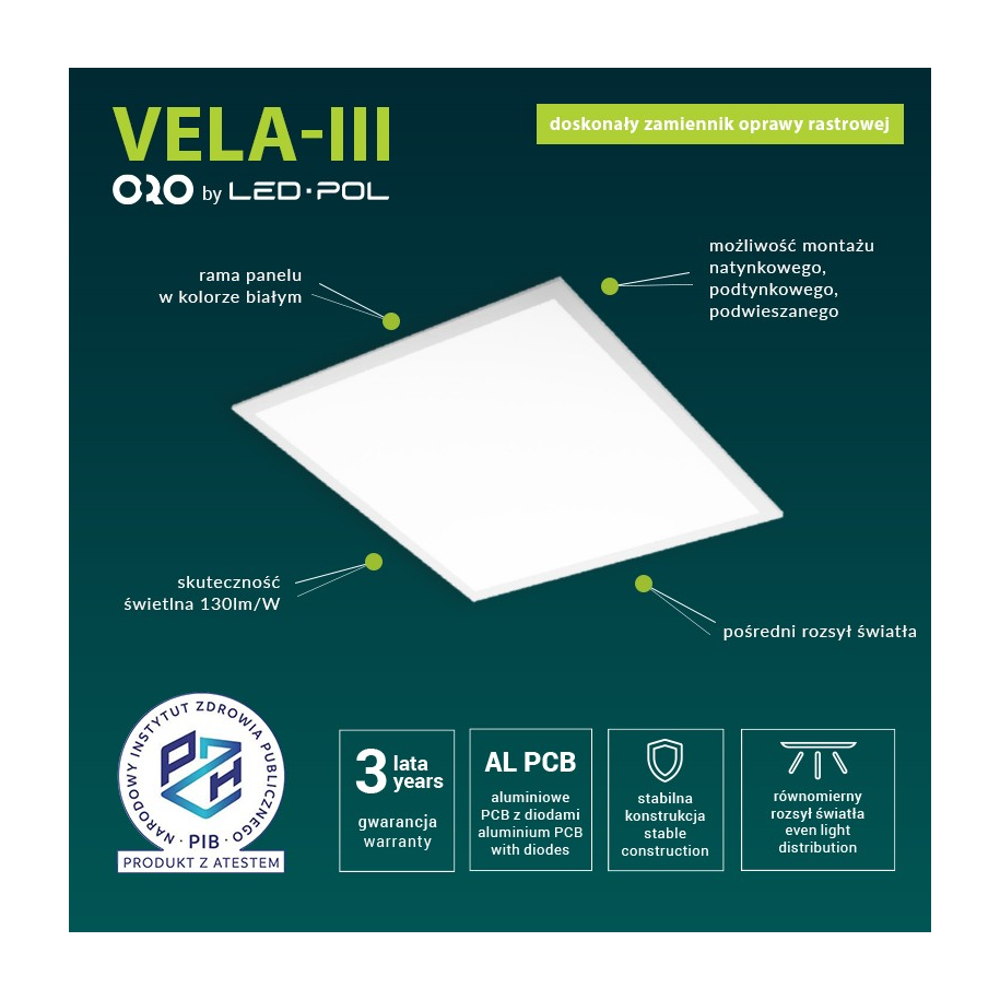 Panel LED VELLA III 60x60 120° 40W 6500K 4000lm ORO07045 + zasilacz ORO15093