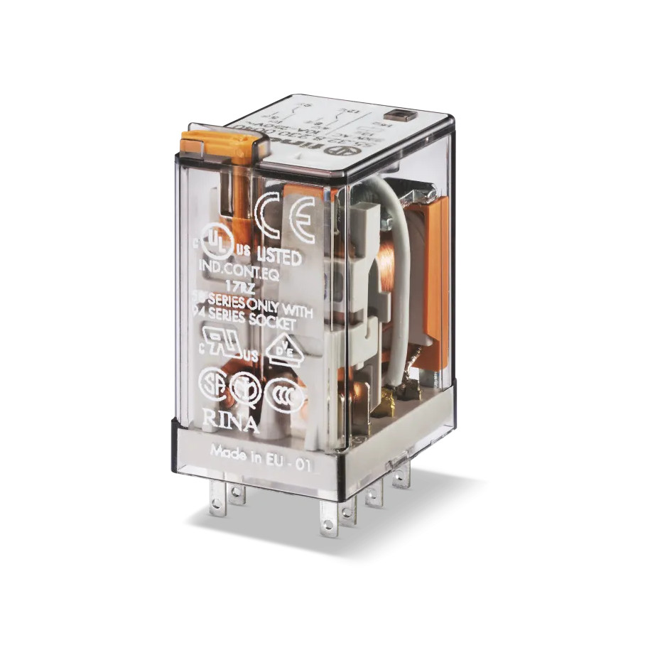 Przekaźnik miniaturowy 2P 10A 110V AC, styk AgNi + Au, przycisk testujący, mechaniczny wskaźnik zadziałania 55.32.8.110.5040