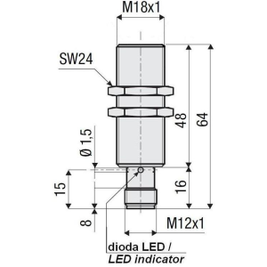 Czujnik ind., 8mm, M18, mosiądz, wbud., PNP, NO+NC, kon.M12, 10-30VDC, L64. AK1BP3H