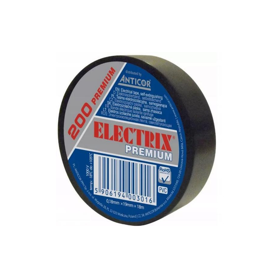 ELECTRIX 200 PREMIUM czarna taśma izolacyjna 19mm x 18m -18 do 105st PE-200P181-0019018