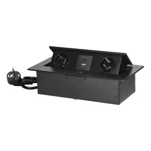 Gniazdo meblowe wpuszczane w blat z płaskim frezowanym rantem i ładowarką USB, 2x2P+Z, 2xUSB (typ A+C; 3,6A), czarne