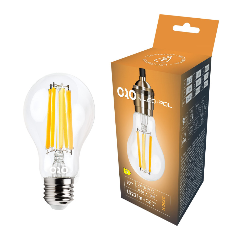 Lampa LED Filament E27 A60 10,5W 1521Lm 2700K 360° Fi60x108 ORO-E27-A60-FL-CLARO-10,5W-WW ORO04138