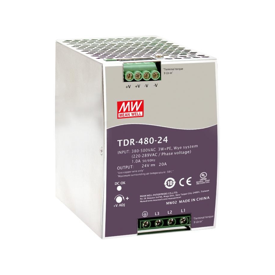 Zasilacz impulsowy AC/DC na szynę DIN trójfazowy 480W 3x340-550VAC Uwyj 24VDC 20A PFC aktywne TDR-480-24